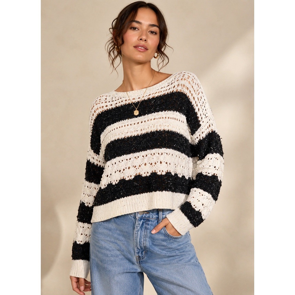 Anthropologie Pilcro L 85% Cotton Crochet Striped Sweater Open Knit Oversized